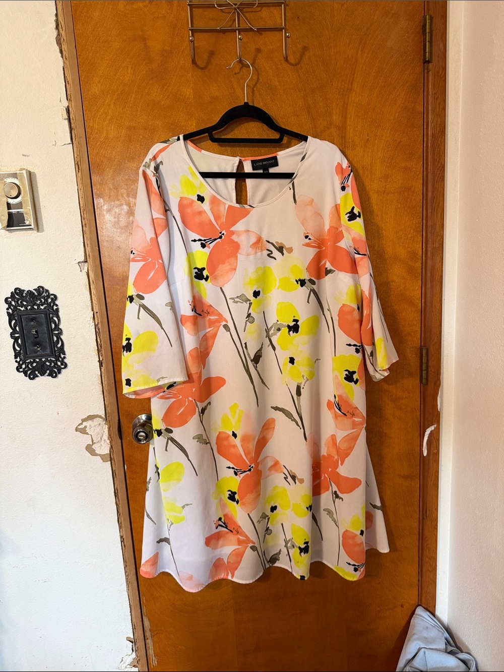 Lane Bryant White Floral Swing Dress with Coral & Neon Yellow Blooms